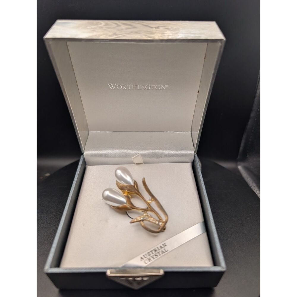 Worthington Brooch • Austrian Crystal • Pearl Bud Floral Design • Gift Boxed